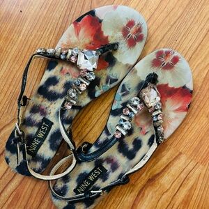 Nine West Black T-Strap Sandals with Floral Elegance
